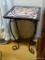 (LR) TABLE; METAL AND TILE TOP FERN TABLE- NICE MOSAIC TOP IN FLOWERS- 14IN X 14IN X 23 IN