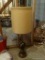 (BASE) LAMP; MID CENTURY MODERN BRASS AND GLASS LAMP WITH SHADE- 46 IN H