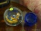(LR) PAPERWEIGHTS; 2 PAPER WEIGHTS- 1 LARGE ART GLASS - 5IN H AND COBALT ETCHED SNOWMAN- 3 IN H