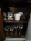 (DIN) CRYSTAL LOT; MISC. STEMWARE- 6 ETCHED GLASS CORDIALS, 5 ETCHED GLASS SHERRY GLASSES AND 3