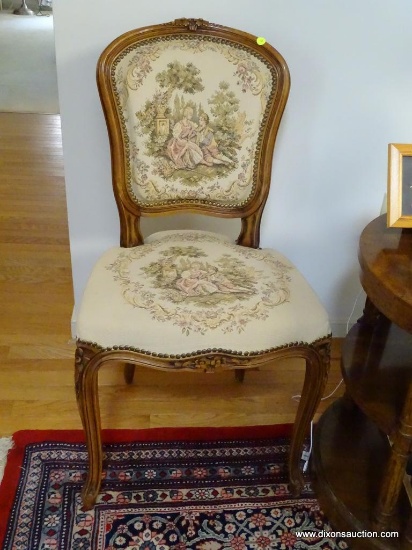 (LR) FRENCH CHAIR; FRENCH WALNUT CARVED SIDE CHAIR WITH TAPESTRY UPHOLSTERY- FLORAL CARVED