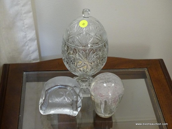 (LR) CANDY DISH AND PAPER WEIGHTS; LIDDED PINEAPPLE PATTERNED CANDY DISH, OWL EMBOSSED PAPER WEIGHT