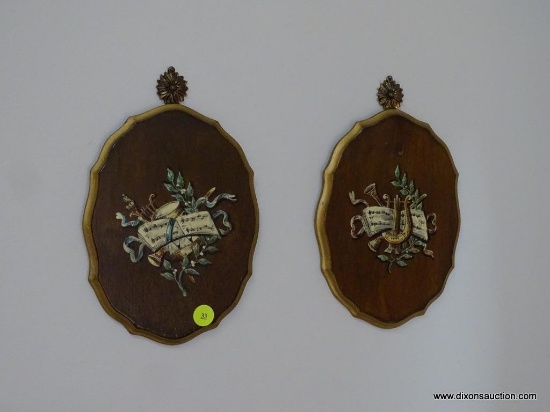 (LR) WALL PLAQUES; 2 MUSICAL PAINTED MAHOGANY WALL PLAQUES- 6 IN X 9 IN