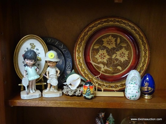 (LR) MISC. LOT; LOT INCLUDES PR OF TENNIS PLAYER CERAMIC FIGURINES- 6 IN H, SILVER-PLATE CHRISTMAS