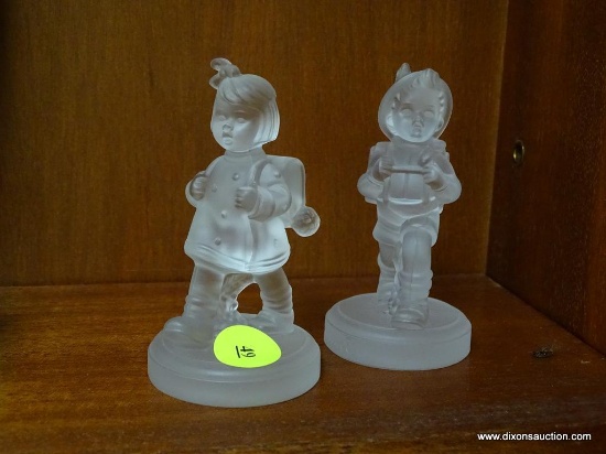 (LR) GOEBEL CRYSTAL FIGURES; PR OF GOEBEL HUMMEL CRYSTAL HIKING FIGURINES- 4 IN H