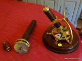 (DIN) 3 KALEIDOSCOPES; 8 IN DIA, X 8 IN H CHERRY AND BRASS MUSIC BOX ROTATING KALEIDOSCOPE, ROSEWOOD