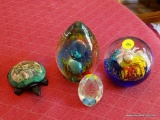 (DIN) PAPERWEIGHTS; 3 PAPERWEIGHTS- CARVED BLACK ONYX TURTLE DECORATED IN TURQUOISE AND SHELL- 5 IN