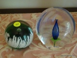 (DIN) PAPERWEIGHTS, 2 LARGE ART GLASS PAPERWEIGHTS- 6 IN AND 4 IN