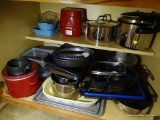 (KIT) CONTENTS OF LOWER CABINET TO INCLUDE: RED CROCK POT, POTS & PANS, PRESSURE COOKER, COOKS