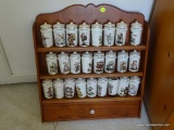(BR1) HUMMEL SPICE RACK; PINE SPICE RACK WITH DRAWER CONTAINING 25 HUMMEL PORCELAIN SPICE CONTAINERS