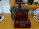 (BR1) 2 JEWELRY BOXES; PAINTED AND GLASS JEWELED JEWELRY BOX WITH CARVED ELEPHANT- 12 IN X 5 IN X 12