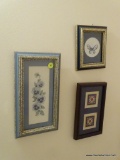 (BATH) PICTURES; 3 MINIATURE PICTURES- BUTTERFLY PRINT IN BLUE AND GOLD FRAME-6 IN X 6 IN, PANSY