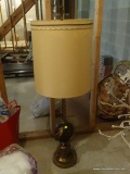 (BASE) LAMP; MID CENTURY MODERN BRASS AND GLASS LAMP WITH SHADE- 46 IN H