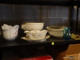 (BASE) SHELF LOT; LOT OF PORCELAIN TO INCLUDE LARGE WEDGWOOD BOWL WITH RAMS HEAD HANDLES- 5.5 IN H,