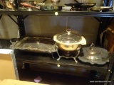 (BASE) SILVER-PLATE; SHELF LOT OF SILVER-PLATE- INCLUDE 3 SERVING PIECES- ROUND SERVING BOWL WITH