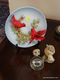 (LR) MISC. LOT; LOT IN INCLUDES CARDINAL COLLECTOR PLATE, 2 COMPOSITION OWL FIGURINES ( LARGEST- 4