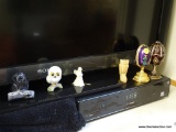 (LR) FIGURINES AND EGGS ON STANDS; 3 OWL FIGURINES- 1 PORCELAIN- 3 IN H AND 2 CUT STONE - 3 IN H,