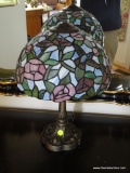 (FOYER) TIFFANY STYLE LAMP; TIFFANY STYLE LAMP WITH BRONZE BASE STAINED GLASS WITH HUMMINGBIRDS- 19
