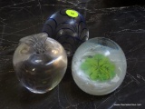(LR) PAPER WEIGHTS- 3 PAPERWEIGHTS- APPLE SHAPED, ART GLASS AND FLORAL PATTERN