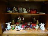 (LR) MISCELL LOT; MISC. LOT OF FIGURINES, CHRISTMAS ORNAMENTS, BOXES, SNOW GLOBE, RUSSIAN DOLLS ON
