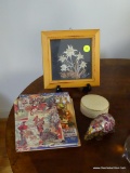 (LR) MISC. LOT; LOT INCLUDES FRAMED FLORAL ARRANGEMENT IN PINE FRAME BY ELEUE?- 5 IN X 7 IN, JEWELED