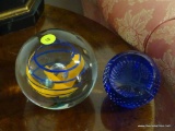 (LR) PAPERWEIGHTS; 2 PAPER WEIGHTS- 1 LARGE ART GLASS - 5IN H AND COBALT ETCHED SNOWMAN- 3 IN H