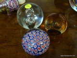 (LR) PAPER WEIGHTS- 3 PAPERWEIGHTS- A MURANO AND 2 ART GLASS PAPERWEIGHTS