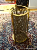 (FOYER) UMBRELLA STAND AND BASKET; BRASS UMBRELLA STAND WITH LIONS PAW FEET- 21 IN H AND RED BASKET