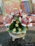 (LR) FLORAL CENTERPIECE; CAPODIMONTE FLORAL CENTERPIECE- MINOR CHIPS ON A COUPLE OF PETALS- 13 IN H