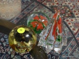 (LR) PAPERWEIGHTS; 3 GLASS PAPERWEIGHTS- 1 TREE-6 IN H, SIGNED OGLEBAY FLORAL WEIGHT AND A
