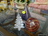 (LR) PAPERWEIGHTS; 3 GLASS PAPERWEIGHTS- 1 ART GLASS-6 IN H, TREE- 4 IN, ART GLASS SWIRL PATTERN