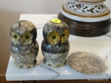 (LR) OWL LOT; PR OF ALABASTER CARVED OWLS-4 IN H AND ALUMINUM ASHTRAY WITH EMBOSSED OWLS