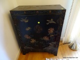 (DIN) ORIENTAL 2 DOOR CABINET; HAS IMAGES OF BIRDS IN FLIGHT AND FLOWERS ALONG THE FRONT AND SIDES.