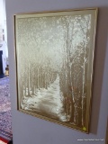 (FOYER) PICTURE: GOLD FOILED ART OF LANDSCAPE IN GOLD FRAME- 24 IN X 30 IN