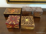 (DIN) JEWELRY BOXES; 4 WOODEN JEWELRY BOXES- 2 BURNED ART BOXES FROM POLAND CARVED TEAK WOOD BOX AND