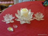 (DIN) CANDLE SET; 3 PC. CRYSTAL PRISM CANDLE SET- 2 SMALL CANDLE HOLDERS 3 IN H AND A LARGE ONE- 5