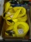 TRAY LOT OF NYLON STRAPS; SET OF 3 YELLOW WINCH STRAPS. ONE IS A 4 IN X 27 FT WINCH STRAP WITH DELTA
