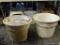 LARGE PLANTERS; SET OF 2 PLASTIC OUTDOOR PLANTERS. BOTH HAVE SOME WEATHERING AND STAINING. EACH