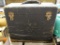 VINTAGE TOOL/DOCUMENT BOX; BLACK BOX WITH TOP HANDLE AND 2 FRONT LATCHES. MEASURES 1 FT 2.5 IN X 6
