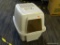 CAT LITTER BOX; 2 PIECE CREAM COLORED CAT LITTER BOX WITH SNAP ON HANDLED TOP AND REMOVABLE FILTER.