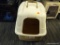 PETMATE HOODED LITTER PAN; CREAM AND TAN HIGH BACK LITTER BOX WITH FILTERED LOCKING TOP. MEASURES 1