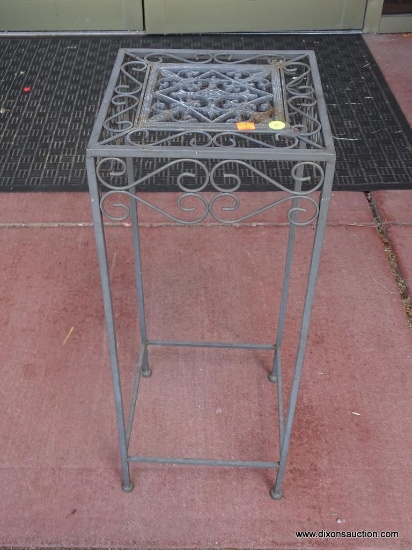 (OUT) METAL PLANT STAND; GREY METAL PLANT STAND WITH 11 IN X 11 IN X 2 FT 4 IN. SQUARE TOP WITH