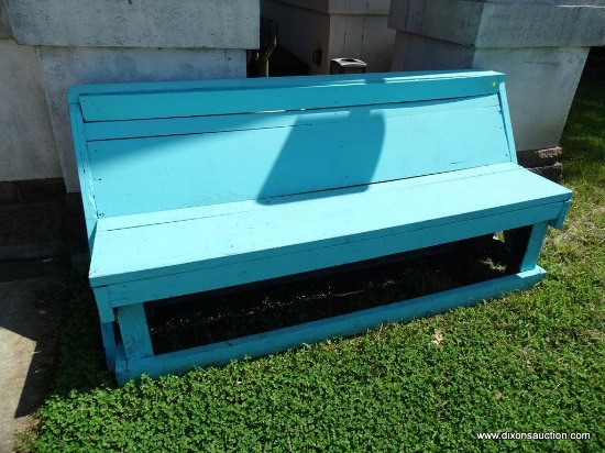 (OUT) PAINTED BENCH; TURQUOISE PAINTED HANDMADE BENCH IN VERY GOOD CONDITION! MEASURES 80 IN X 30 IN