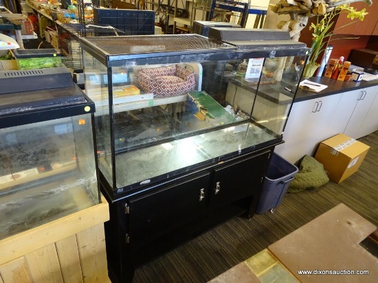 AQUARIUM AND WOODEN STAND; 65 GALLON TEMPERED GLASS AQUARIUM WITH BLACK TRIM, AND BLACKWIRE MESH TOP