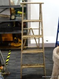 WOODEN LADDER; VINTAGE PAINTER'S 4 STEP WOODEN LADDER. STANDS 4.7 IN TALL. HAS PAINT ON IT, AND IS
