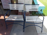 (OUT) SET OF PATIO CHAIRS; SET OF 2 PATIO CHAIRS WITH BLUE METAL FRAMES AND WHITE VINYL STRAPS ALONG