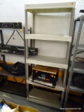PLASTIC SHELVING UNIT; TAN AND GREY RUBBERMAID STORAGE SHELF UNIT WITH 5 SHELVES. MEASURES 2 FT 7 IN