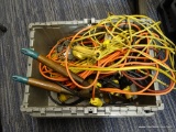 TOTE LOT OF ASSORTED ITEMS; LOT INCLUDES A WORK LIGHT WITH LONG CORD, AN EXTENSION CORD, HEDGE
