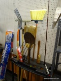 LOT OF ASSORTED HAND TOOLS; 12 PIECE LOT TO INCLUDE 2 BROOMS, 2 WOODEN HANDLED PITCH FORKS, A