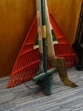 LOT OF HAND TOOLS; 4 PIECE LOT TO INCLUDE A TILLER, A RED PLASTIC WOODEN HANDLED RAKE, A HOUND DOG